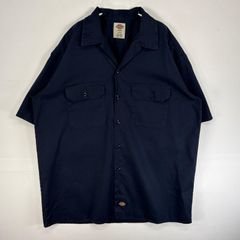 古着 ディッキーズ Dickies 半袖シャツ ワーク フラップポケ 作業着 ワンポイント ロゴ FLEX L  ネイビー 無地 メンズ