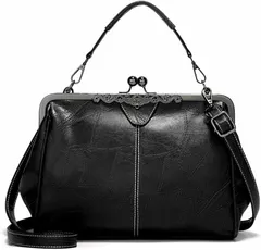 ZAZALAND(ザザランド) 母の日 がまぐち バッグ ショルダー 斜めがけ トート 3way 合皮 レトロ アンティーク調( ブラック,  M)