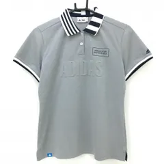 ★値下げ★【超美品】アディダス 半袖ポロシャツ ライトグレー 襟ボーダー×ストライプ エンボスロゴ レディース L/G ゴルフウェア adidas