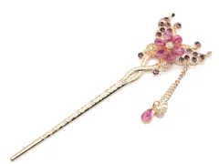 【人気商品】ペア カップル ビジュー 蝶 czダイヤ ちょうちょ 和装 バタフライ 髪飾り フラワー 蝶 一本 花 かんざし モチーフ 簪 ピンクゴールド Miaomyao ヘアアクセサリー 【ミャオミャオ] (パープル)