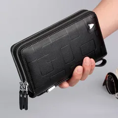 男性用長財布　メンズ　クラッチバック　セカンドバッグ　ダブルラウンドファスナー型　大容量　多機能　ストラップ付き