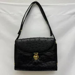 K【オーストリッチ】ショルダーバッグ ブラック レザー ゴールド金具 大容量
