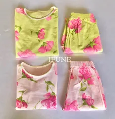 Pink flower room wear キッズパジャマ　室内着　セットアップ　花柄パジャマ　花柄　ピンク　グリーン　ルームウェア　キッズ服　子供服　キッズアパレル