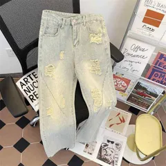 メンズ ファッション 服 男性用 オシャレ シンプル 大人 かっこいい 大きいサイズ ストリート 紳士服 レトロ ダメージ 加工 黄色 ジーンズ セックス ストリート ストレート フレア パンツ 