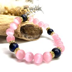 キャッツアイ(ピンク)×ブルータイガーアイ パワーストーン ブレスレット  (ゴールド) メンズ・レディース　男性・女性　数珠ブレス 開運 [23]