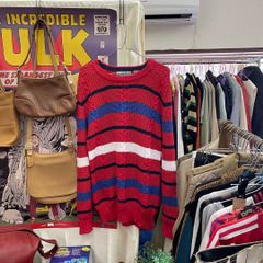 美品 CURRIER & BRANCH コットンケーブルニット L レッド マルチカラー アメカジ 古着MIX