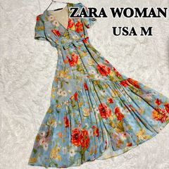 ザラウーマン ZARA WOMAN フリル シフォンティアード ロングワンピース マキシ丈  USA M 花柄 水色