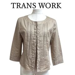 TRANS WORK　トランスワーク　ノーカラーブラウス　ジャケット　ベージュ　M　38号　9号　ストライプ　はしごレース　フリル　前ホック