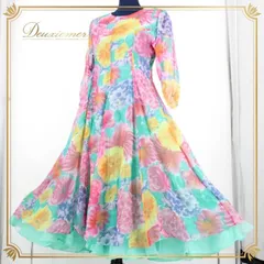 社交ダンス 衣装 スタンダード ドレス ワンピース レッスンウェア レディース オールシーズン 花柄 緑 黄色 青 グリーン系 ピンク系 イエロー系 オレンジ系 ブルー系 ダンス衣装 フラワープリント ミントグリーン ひざ下丈 薄手 軽量 スカート広がる