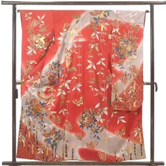 振袖 身丈156cm 裄丈64cm 前幅24cm 後幅29cm 袖丈102cm 袖幅32cm レディース 袷 蝶柄 裄Mサイズ 秋冬春用 正絹（シルク）オレンジ 美品 リメイク リユース リサイクル【呉服のきくや】