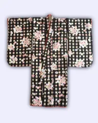≪花ラブリ≫R621-3GDK53BLK　新品　七五三　三つ身２点セット　３歳～４歳（数えで５歳）前後　長襦袢付き　赤色の伊達衿付　モノトーン系　黒系　桜　さくら　格子柄　チェック　和装　和柄　和服　女の子　着物　きもの