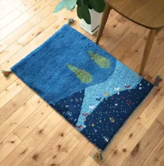 ペルシャ　ギャッベ 玄関マット　ラグ　86x58cm　夜の風景　夜空　丘 糸杉　ヤギ　羊　RJ7622