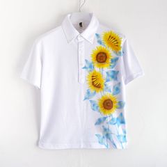 手描きひまわり柄ボタンダウンポロシャツ　ホワイト　吸湿速乾ドライ生地 花柄