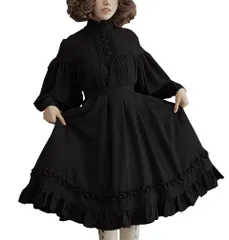 [ALL DAY Shining] ロリータ ブラック ワンピース フリル ドレス 長袖 バルーン袖 病みかわ ゴスロリ 黒 メイド服 コスプレ イベント パーティー レディース (M) [M]