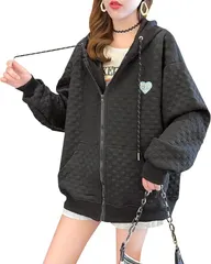 NEKORA パーカー ジップアップ アウター フーディー フード付き ロゴ トップス ジップパーカー レディース(ブラック,  L)