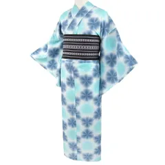 浴衣 板締め絞り Mサイズ 青 水色 手絞り 和柄 綿100％ シック お洒落 夏祭り 花火大会 雪花絞り No.11-0220