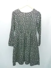 ◇ GLACIER 花柄 丸襟 バックジップ カジュアル シンプル 長袖 ひざ丈 ワンピース サイズM ブラック レディース E  【1304210014642】