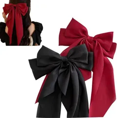 LIMSE ２点セット ビッグ リボン サテン バレッタクリップ 髪飾り ウェディング ヘッドドレス ヘアアクセサリー 婚式 和装 卒業式 蝶結び 髪留め 人気 成人式髪飾(ブラック レッド)
