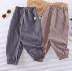 キッズパンツ（グレー/カーキ/120サイズ130サイズ140サイズ）ボトムスこども子供服綿麻ストライプ114