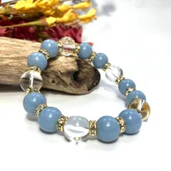 エンジェライト&水晶 パワーストーン ブレスレット 天然石 12mm (ゴールド) メンズ・レディース 男性・女性  数珠  ブルー  □
