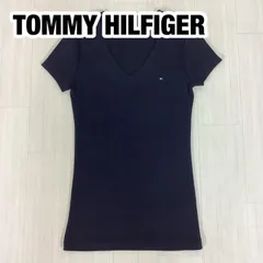 【美品】【未使用級】TOMMY HILFIGER トミーヒルフィガー 半袖Tシャツ レディース XS ブラック 黒 Vネック フレンチスリーブ 刺繍ロゴ 着丈63cm 肩幅34cm 身幅(脇下)33.5cm 袖丈13cm【古着】