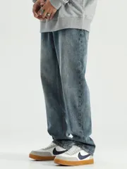 種類48：32/C：ミディアムブルーパンツ 秋冬 コーデ メンズ  服 シンプル ファッション オシャレ 大人 かっこいい 大きいサイズ ストリート 紳士服  制服 ウォッシュ加工 ストレート ジーンズ ドレープ ワイド レッグ パンツ レディース 