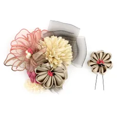 髪飾り 成人式 つまみ細工 振袖 前撮り 袴 2点セット 花 リボン ベージュ グレージュ 灰色 グレー 紫 黒 レース パール 小さい No.12-0499