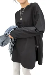 無地 スリット シンプル ゆったり ビッグシルエット 大きめ ラウンドカット カジュアル クルーネック レディース ロンT Tシャツ カットソー ロングスリーブ 長袖 [SLOW＆MELLOW] 2カラー