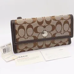 良品 コーチ 3つ折れ長財布 F42986 ハンプトンズシグネチャー チェックブック ライトブラウン系 KYM