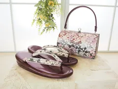 草履バックセット　振袖用　赤紫　桜　シルバー　和柄　丸型　二十歳のつどい　卒業式