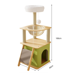 キャットタワー 猫タワー スリム ねこハウス 高さ100cm 天然麻紐 据え置き型 爪とぎポール 宇宙船 見晴台 多頭飼い 運動不足解消 お手入れ簡単 丸角設計 省スペース 木製 高い安定性Y25