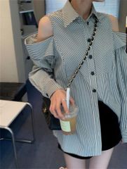 ストライプ シャツ セクシー オープンショルダー 長袖 快適