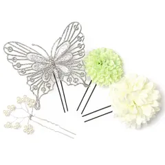 髪飾り 成人式 振袖 前撮り 袴 花 ４点セット シルバー 薄若緑色 白 ラメ 蝶 蝶々 浴衣 髪型 ヘアスタイル ヘアアレンジ 和装 No.9-3750