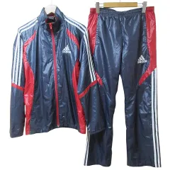 アディダス adidas セットアップ 上下 スポーツウェア ジャケット ジップアップ パンツ 裏メッシュ ナイロン系 CLIMA PROOF ロゴ 刺繡 スリーストライプ M L 紺 赤 X