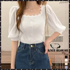 ニットブラウス 異素材切り替え 韓国風サマーニット レディース パフスリーブ ニットソー 半袖 プルオーバー 無地トップス シフォン袖ブラウス カジュアルショート丈トップス 薄手 着回しニット ドッキングブラウス