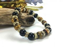 タイガーアイ&オニキス パワーストーン ブレスレット 天然石10mm （ゴールド）メンズ・レディース　男性・女性　数珠ブレス　開運 [17]