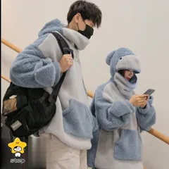 裏起毛 パーカー もこもこ サメ パーカー メンズ レディース 裏起毛 トップス レディース かわいい サメ柄 韓風 ロング パーカー プルオーバー カップル xzjhtko#