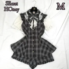 【可愛さと華やかさ✨】　Secrethoney シークレットハニー　半袖レースラッフルセットアップ ふんわりシルエット リボン＆レースデザイン ブラックチェック　M 2