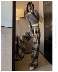 裏起毛 ロングパンツ 即購入OK レディース チェックパンツ ゆったり 防寒 暖かい ワイドパンツ チェック柄 カジュアル ハイウェスト ズボン おしゃれ 通学 美脚 2type lanmy01