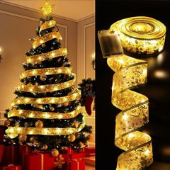 クリスマスリボンイルミネーションライト 5M 50LED 電池式 オーナメント クリスマスツリー 飾り 雰囲気 ロマンチック プレゼント ラッピング クリスマス 結婚式 お祝い日 正月 室内 ガーデンライト 屋外 デコレーション (ゴールド)