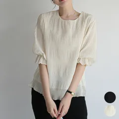 ブラウス レディース プリーツブラウス　袖フリル無地プルオーバー丸首５分袖