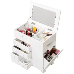 Size:ワイド_Color:ホワイト 萩原 コスメワゴン 鏡台 コスメボックス ドレッサー ホワイト 幅46×奥行28×高さ50.5cm たっぷり収納 キャスター付 MUD-6649WH 1台入り