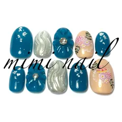 現品限り ベージュ＆グリーンぷっくりフラワーネイルチップ ハンドメイド オーバル大きめサイズ ジェルコート済