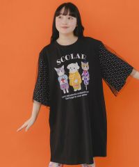 ScoLar（スカラー）おしゃれネコとワンコのアニマル柄 チュール袖ワンピース　アイボリー、ブラック、グリーン　151675