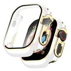【在庫処分】高透過率 高耐久 一体型 ガラスフィルム ケース ケース アップルウォッチ アップルウォッチ 二重構造 全面保護 装着簡(49mm光沢のホワイト+ゴールド) カバー カバー Watch Watch Apple Apple メッキ加工 PC素材 3
