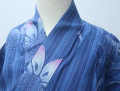 【京松】【着物】浴衣 縦縞に花文 Sサイズ 身丈約148cm 裄丈約66.5cm 24Z-1211
