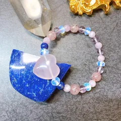 天然石◆パワーストーンブレス◆ぷっくりハートローズクォーツ、クンツァイト、ラピス