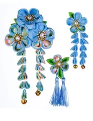 【在庫処分】浴衣 七五三 袴 着物 振袖 和装 成人式 つまみ細工 花 卒業式 結婚式 髪飾り3点セット 鈴付き 手作り 赤 青 [JZOON] 紫 ピンク 白 5色全15選