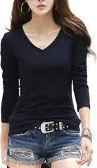 SLOW＆MELLOW ロングスリーブ Tシャツ レディース 長袖 シンプル 無地 カジュアル ロンT Vネック(ブラック,  L)