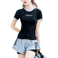 【M・L・ XL】上下２点セット 水着レディース 体型カバー 半袖ラッシュガード フィットネス ショートパンツ 黒グレーUV 水陸両用 速乾無地スポーティー 露出控えめ セパレート水着 ストレッチ フィットネス スポーツウエア  日焼け防止ママ水着 タンキニのサムネイル